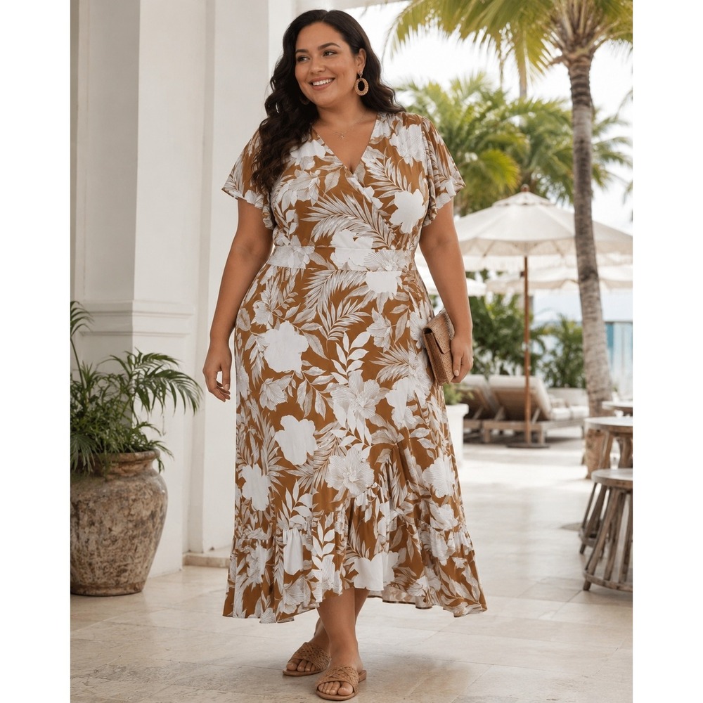 267.Lane Bryant Tropical Floral Faux Wrap Midi Dress Tan White Size 18/20 V-Neck